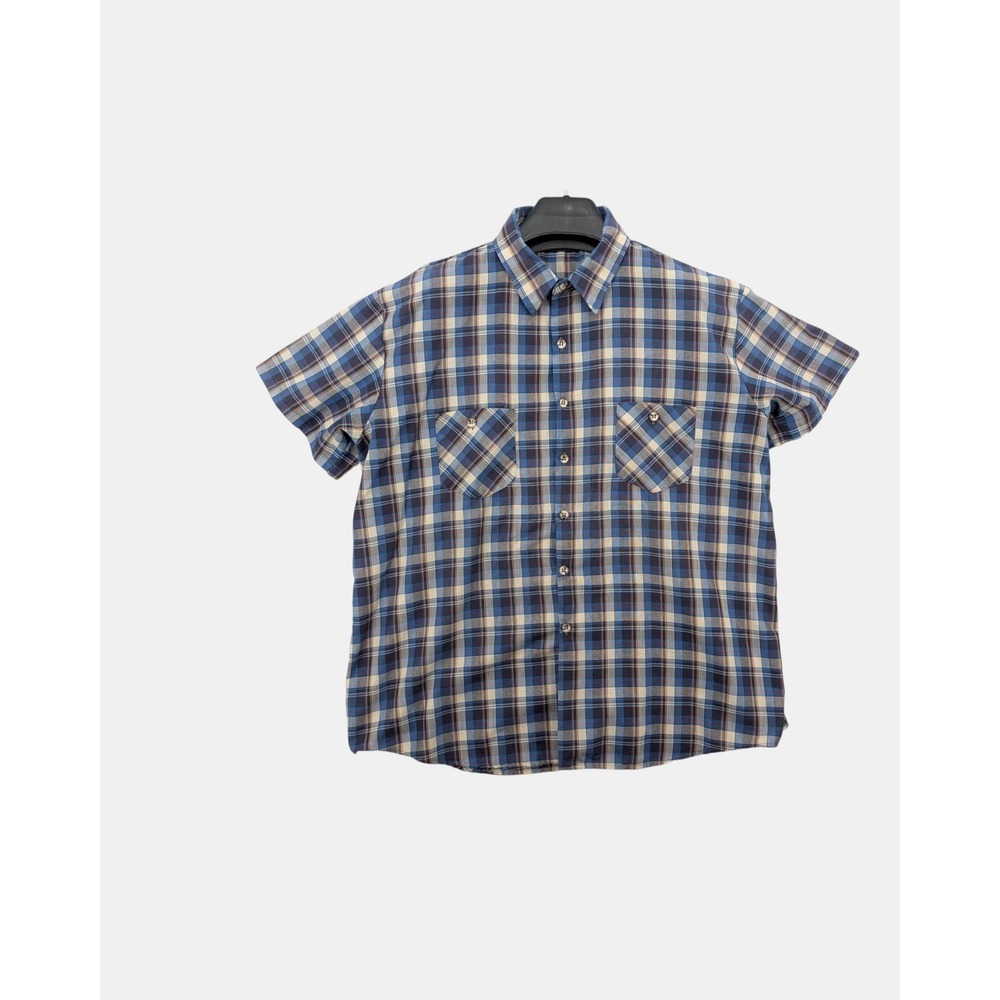 Vintage OshKosh B'Gosh Mens XXL Blue Plaid Short Sleeve Work Shirt Double Pocket